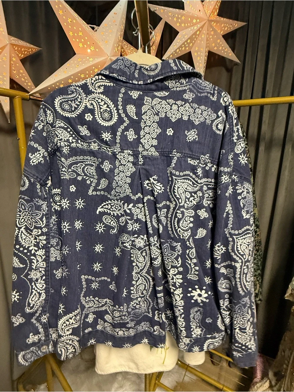 NWOT Free People We the Free Opal Swing Printed Denim Jacket- Navy Combo-Bandana - Picture 6 of 8